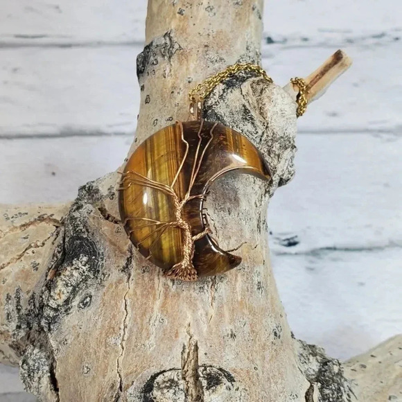 Tigers Eye Golden Wire Wrapped Half Moon Pendant with 18in Chain. - Picture 3 of 5